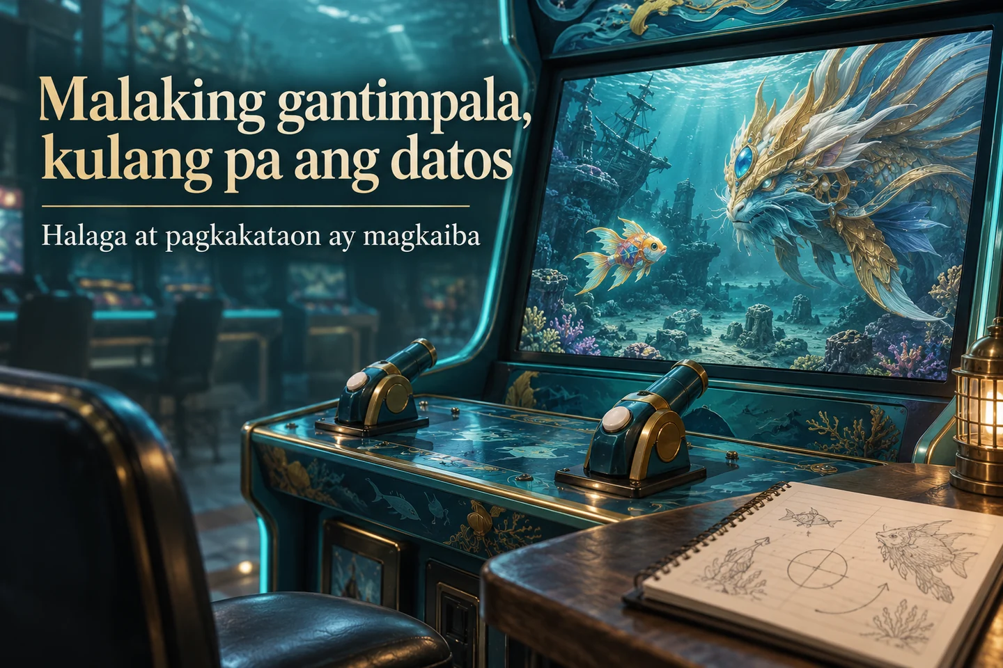 Fishing arcade cabinet with small and large sea targets and reminders of different values and opportunities.