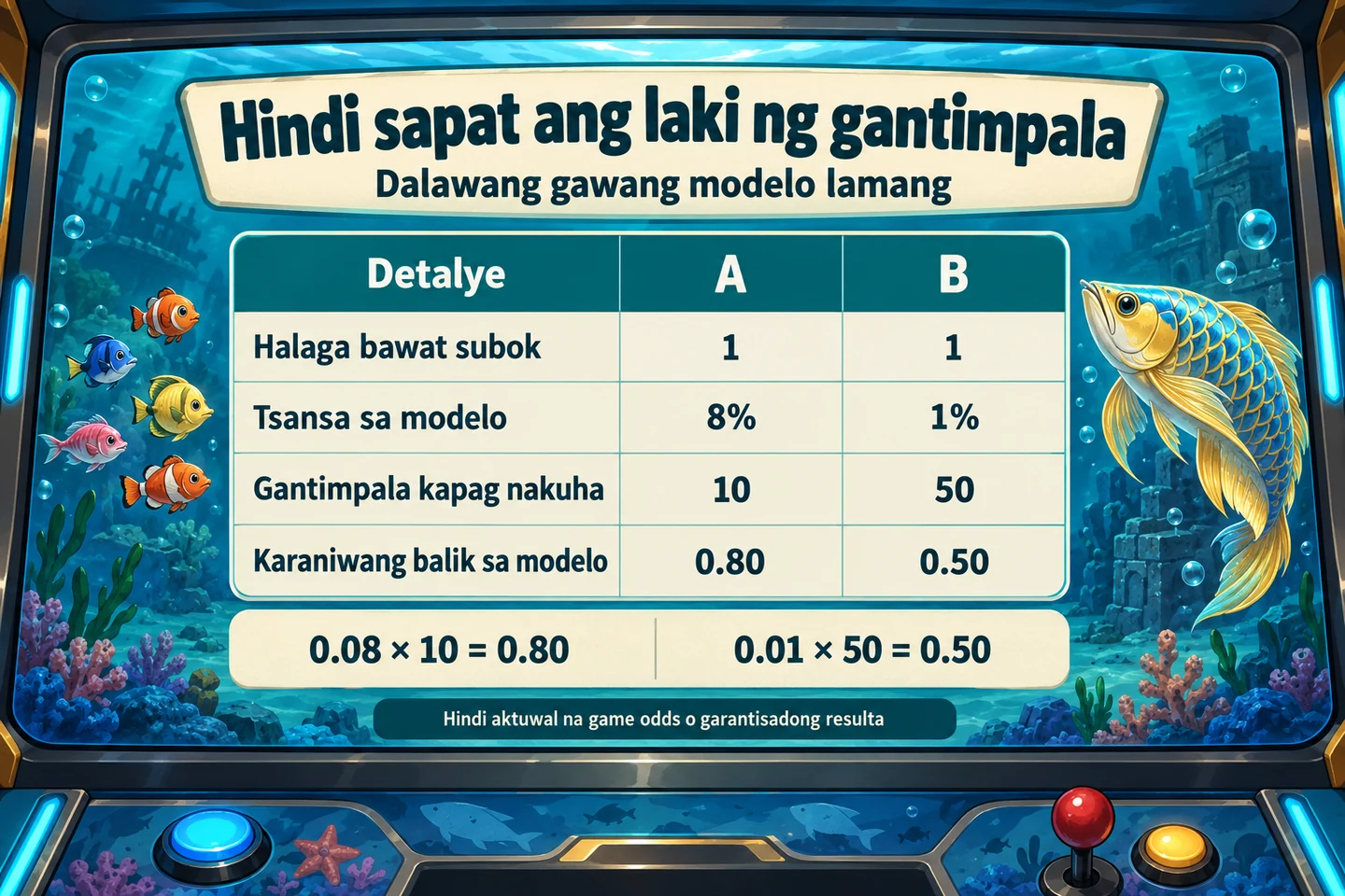 Two built models: cost 1, A with 8% and reward 10 for average 0.80; B has 1% and reward 50 for average 0.50.