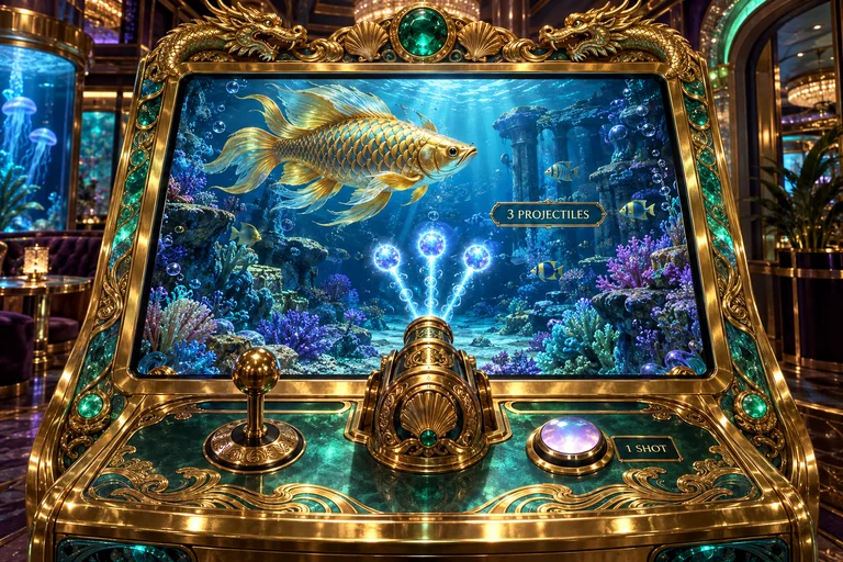 Ornate fishing-game cabinet with one cannon emitting three illustrated projectiles, labelled one shot and three projectiles.