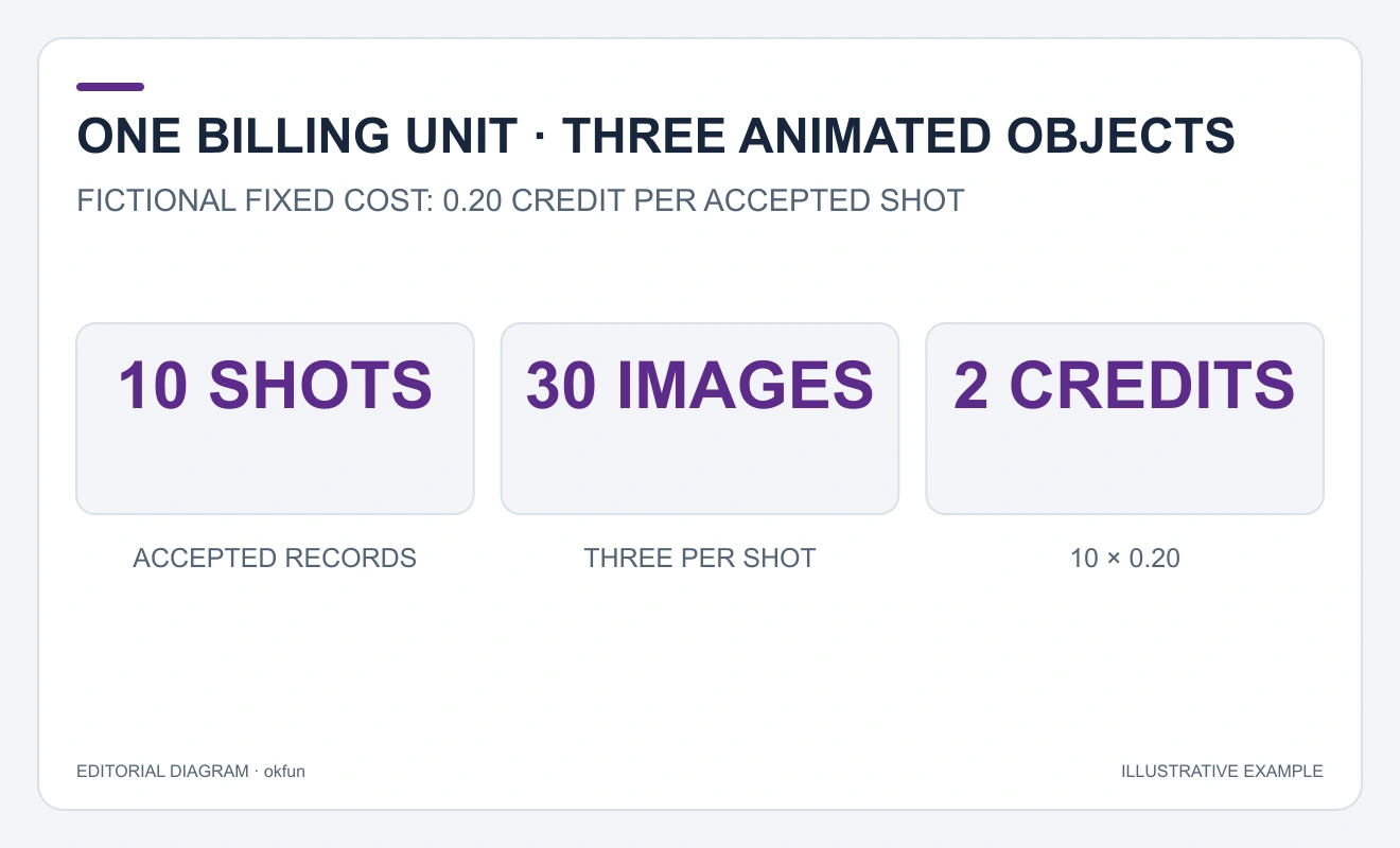Three separate boxes show ten accepted shots, thirty animated projectiles and a two-credit total cost.