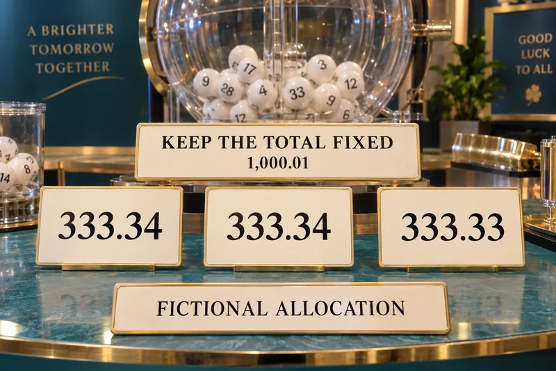 Lottery drawing drum beside three fictional allocation cards showing 333.34, 333.34 and 333.33
