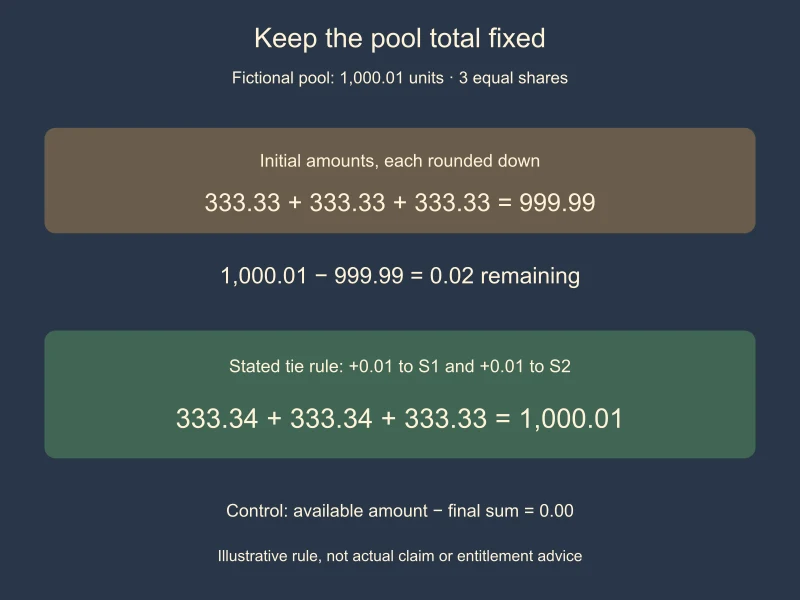 A fictional 1,000.01-unit pool splits into 333.34, 333.34 and 333.33 after two visible 0.01 remainder adjustments