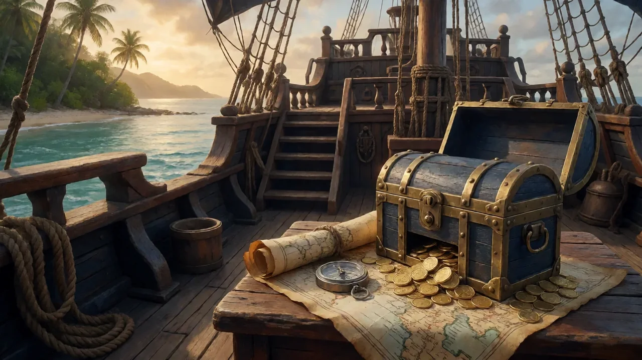 Wooden pirate ship deck at sunset with an open brass-bound treasure chest, gold coins, a rolled map and a compass