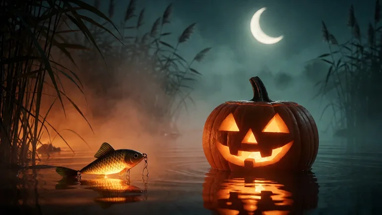 Carved Halloween pumpkin glowing on dark water beside a fish-shaped lure, with reeds in mist and a crescent moon