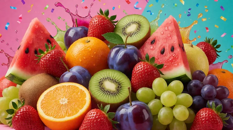 A colourful pile of strawberries, kiwis, plums, oranges, grapes and watermelon slices with juice splashes and confetti on a pink and teal background