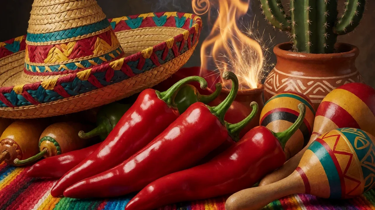 Glossy red chilli peppers on a striped woven cloth beside a straw sombrero, painted maracas, a cactus in a clay pot and a small burst of flame and sparks