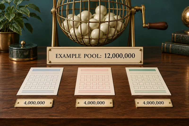 Three illustrative entry slips share an example 12,000,000-unit lottery pool equally.